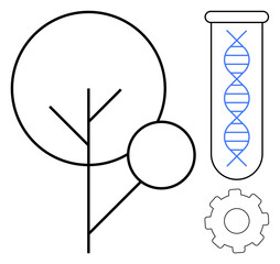 DNA helix in a test tube next to a stylized tree and gear, representing biotechnology, nature, and innovation. Ideal for science, research, sustainability, development, progress technology