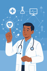 Medical Technology Innovation Concept. Doctor with Stethoscope Touching Digital Health Network Interface. Healthcare Services Growth, Telemedicine, Online Diagnosis, Modern Medicine, Data Connectivity
