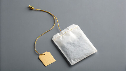 A single tea bag with a gold string and tag resting on a solid gray colored surface top down view - ai generated