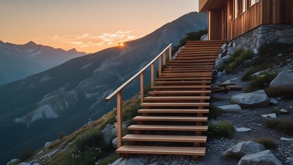 Obraz premium External wooden stairs of building against mountain slope at sunset, created with generative ai