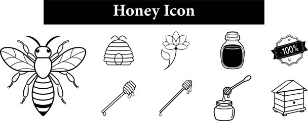 Collection of stylized black and white honey related icons including a bee beehive flower bottle honey dipper and quality badge isolated on transparent background