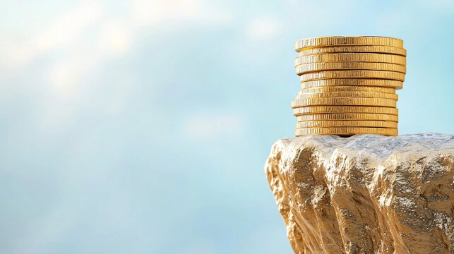 A precarious stack of gold coins and abstract currency symbols teetering on the edge of a cliff, illustrating the inherent instability and potential for significant decline in investments.