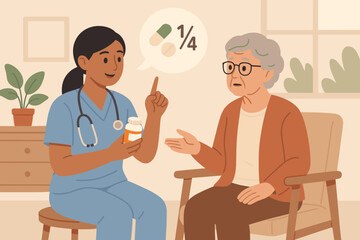 Nurse explaining medication dosage to elderly woman in nursing home. Senior care, healthcare consultation, prescription instructions, patient education, flat vector illustration, medical support
