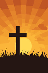 Christian cross silhouette on grassy hill at sunrise, radiant sunbeams, peaceful morning sky, clouds, faith, hope, resurrection, Easter, religious symbol, inspirational vector illustration