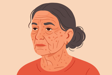Elderly Woman Neck Wrinkles and Skin Imperfections, Aging Signs, Realistic Flat Vector Illustration, Senior Female, Dark Hair Bun, Gold Earring, Dermatology, Skincare Concept, Health Awareness