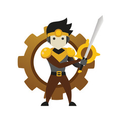 Clockwork swordsman with time gears and golden blade action Vector illustration