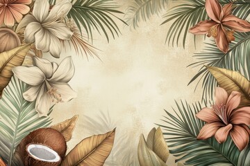 Vintage floral tropical frame with exotic flowers, palm leaves, and coconut on textured background. For invitation designs, summer promotions, exotic product packaging, botanical decorative templates