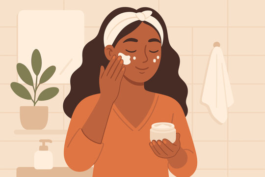 Skincare routine with woman applying face cream. Daily beauty ritual with moisturizing cosmetic product. Self care, cosmetology and dermatology concept for healthy skin vector.