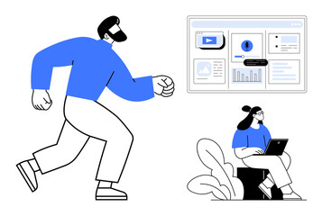 Man walking forward, woman working on laptop near plants, data-rich dashboard. Ideal for teamwork, analytics, productivity, innovation, digital transformation, remote work simple flat metaphor