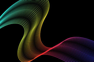 Abstract swirl stripes line colourful on black background. Luxury, bright and modern concept with copy space.