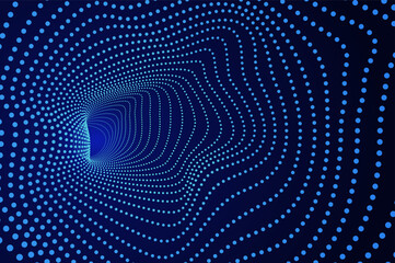 Tunnel 3d particle, molecule or atom wormhole abstract background. Big data hole sound wave effect distorted, future technology concept with copy space.