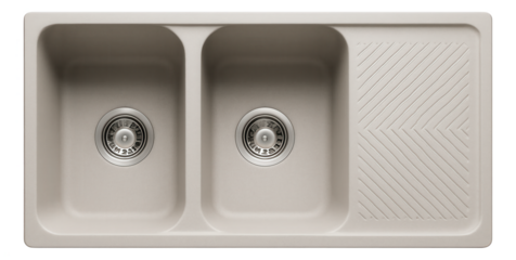A double basin sink with a patterned drainboard, constructed from durable stone resin, suitable for a high-end residential kitchen.