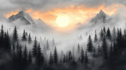 Obraz premium Misty mountain sunrise over a pine forest.
