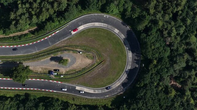 Nurburgring Tourist Drives, race track, circuit, amateur motorsports. Car racing. Aerial drone video.