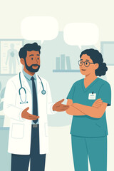 Doctor and nurse in conversation at the hospital. Medical team collaboration and discussion. Healthcare professionals, clinic staff consultation. Modern flat vector cartoon illustration.