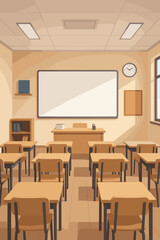 Empty school classroom interior with student desks, chairs and blank whiteboard. Modern university or college lecture hall background. Education, learning concept vector illustration.