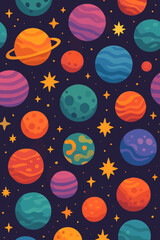Space seamless pattern with cute cartoon planets, stars, and galaxy. Cosmic adventure background for kids. Fantastic universe childish print for textile, fabric, wallpaper. Vector.