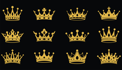 A grouping of golden crown icons on a black background representing royalty wealth and distinction suitable for design projects
