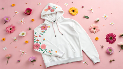 White hoodie with floral design surrounded by various flowers on a pink background in a flat lay style - ai generated