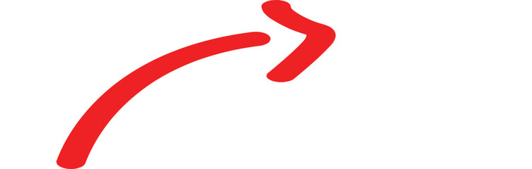 Curved right arrow in bold red, symbolizing direction and guidance, on a clean white background for easy navigation, ideal for website design, user interface, and clear signage or symbol illustration.