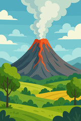 Naklejka premium Erupting volcano with smoke and flowing lava in scenic mountain landscape, lush green fields, rolling hills, and trees under blue sky, active volcano nature disaster vector illustration