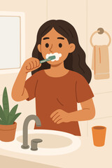 Young woman brushing teeth in bathroom, morning hygiene routine, healthy lifestyle, dental care, modern flat vector illustration, home sink, mirror, towel, cup, potted plant, self-care concept