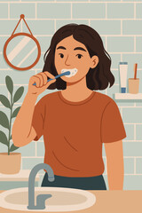 Morning hygiene routine woman brushing teeth bathroom sink. Daily dental care, toothbrushing, healthy lifestyle, personal hygiene, modern home interior, flat vector illustration concept