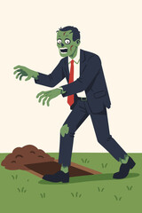 Businessman zombie in suit and red tie rising from grave, walking on green grass lawn, cartoon vector illustration. Undead corporate character, Halloween, walking dead, funny horror concept