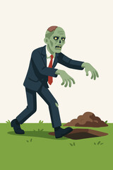 Cartoon zombie businessman in suit and red tie rising from grave, walking on green grass lawn, undead character, horror Halloween concept, modern flat vector illustration, walking dead theme