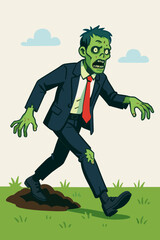 Cartoon zombie businessman in suit and red tie walking on green grass after climbing out of grave, undead character, walking dead concept, Halloween horror, vector illustration, modern flat style
