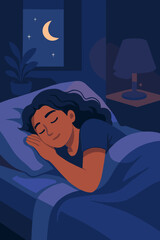 Peaceful young woman sleeping deeply at night in cozy bedroom, moonlight shining through window, modern flat vector illustration, restful sleep, relaxation, nighttime tranquility, home interior