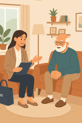 Social worker visiting an elderly man at home. Female caregiver or doctor giving consultation and support to a senior patient. Concept for home healthcare, assistance, and eldercare.