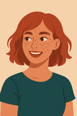 Portrait of a happy young woman with red hair and freckles. Beautiful smiling redhead girl. Natural beauty concept. Minimalist flat vector illustration. Character avatar design.