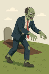 Cartoon zombie businessman in suit and red tie rising from grave, walking on green grass cemetery lawn, undead character, Halloween horror, scary monster, vector illustration, flat design
