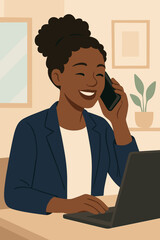 Happy African American businesswoman talking on smartphone and using laptop in the office. Smiling female professional providing customer support. Corporate multitasking concept.