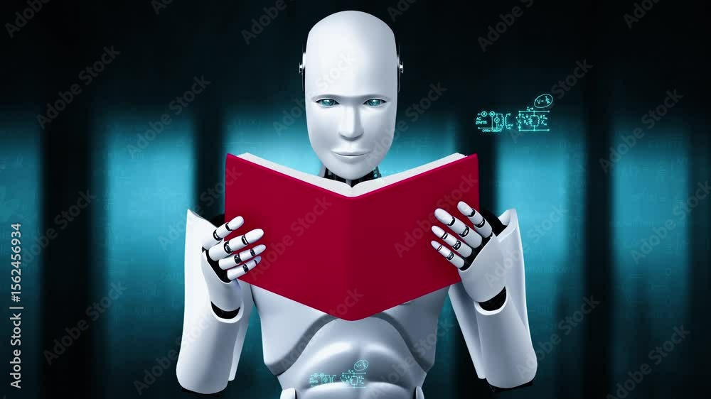 Poster 3d rendering of robot hominoid reading book and solving math data analytics in concept of future mat