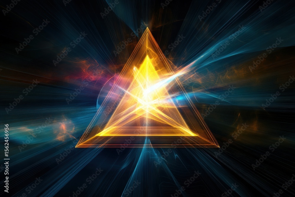 Poster Light rays converge around an abstract triangle creating a luminous display in a digital art piece, Light rays circling an abstract triangle