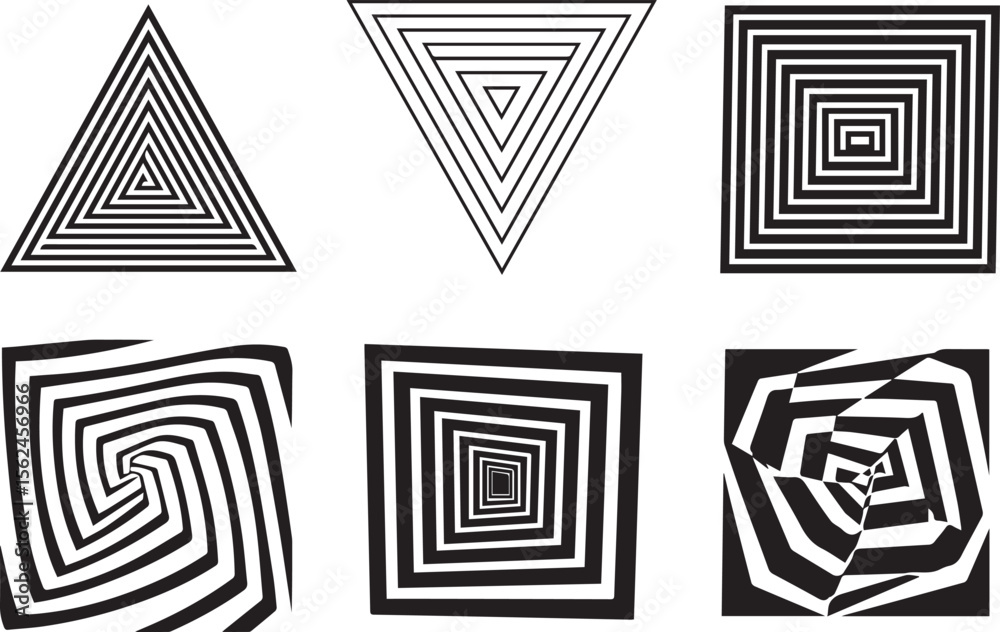 Poster a collection of six abstract geometric optical illusion patterns featuring concentric triangles and 