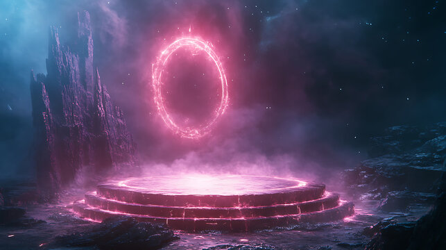 Mystical platform with glowing portal in alien landscape scene with dramatic lighting and dark environment