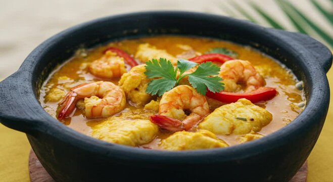 Close up of moqueca capixaba in a black clay pot with shrimp and red bell pepper garnish