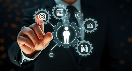 Businessman interacting with digital workflow and human resources suit hand