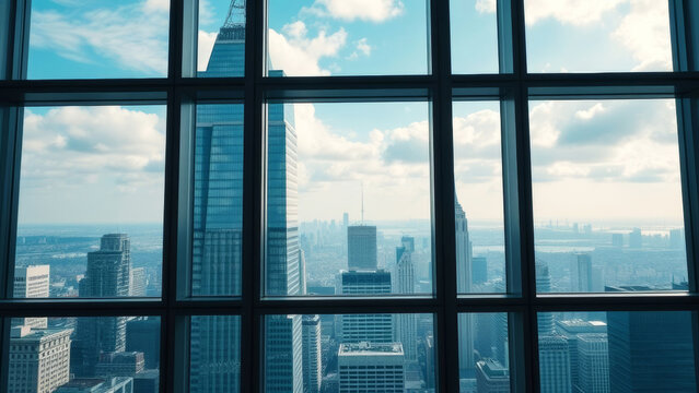 Fototapeta Breathtaking view of the New York City skyline, seen through the modern glass facade of a skyscraper, featuring iconic landmarks and urban cityscape