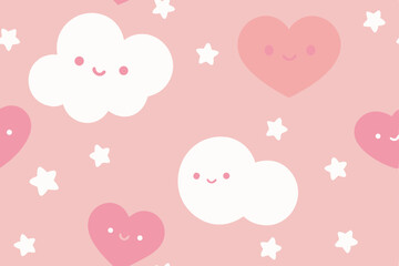 Adorable Pink Kawaii Clouds and Hearts Seamless Pattern