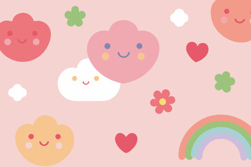 Cute Kawaii Clouds, Hearts, and Rainbow Happy Pastel Illustration