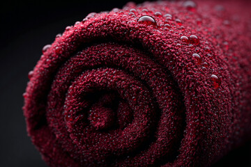 Soft, rolled red towel with water droplets glistening in low light setting on dark background