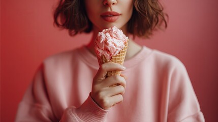 A woman is holding a strawberry ice cream cone.