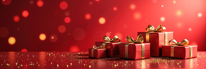 A collection of beautifully wrapped presents in vibrant red and gold hues on a reflective surface with golden sparkles, creating a festive holiday atmosphere.