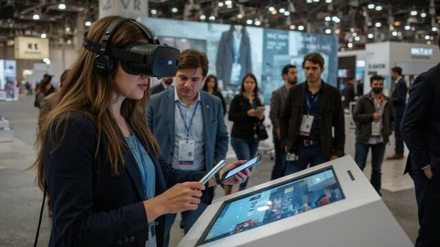 Female Executive Using Virtual Reality at Innovation Event

