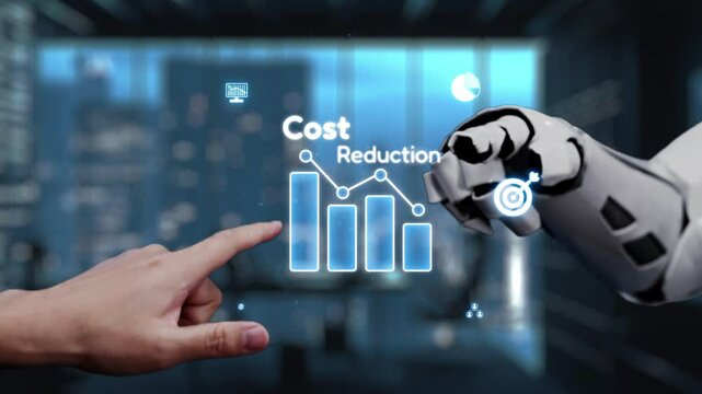 A futuristic robotic hand and a human hand interact with cost reduction graphics in a modern office setting, illustrating innovation and business efficiency. Auvana