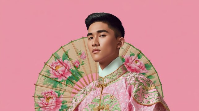 Young asian male in traditional pink attire holding floral umbrella on pink background